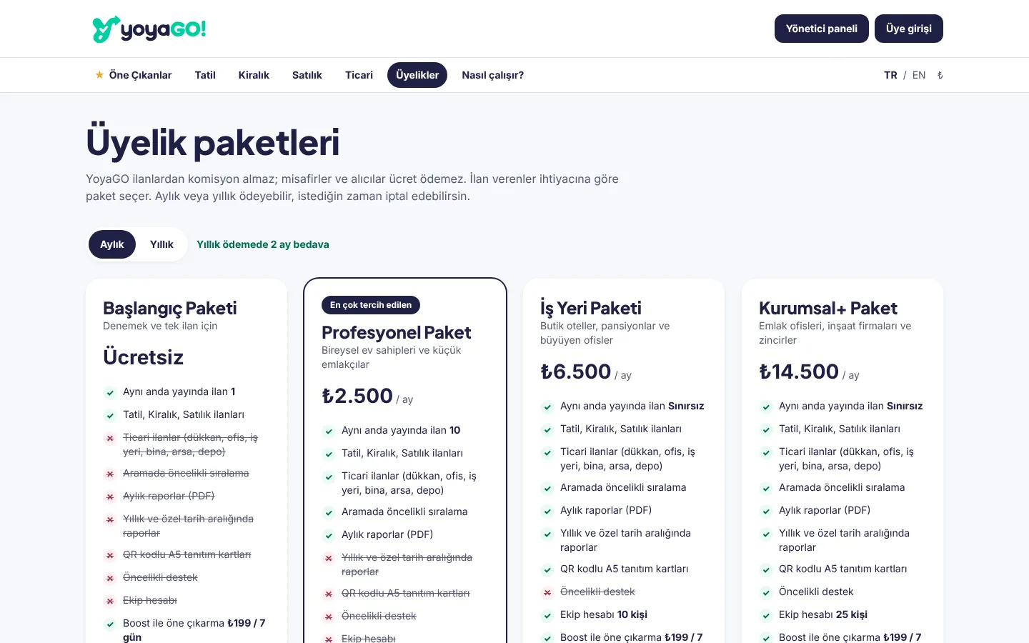 YoyaGO üyelik paketleri