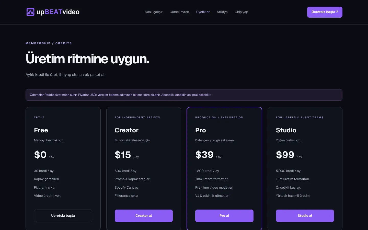 upBEATvideo üyelik sayfası
