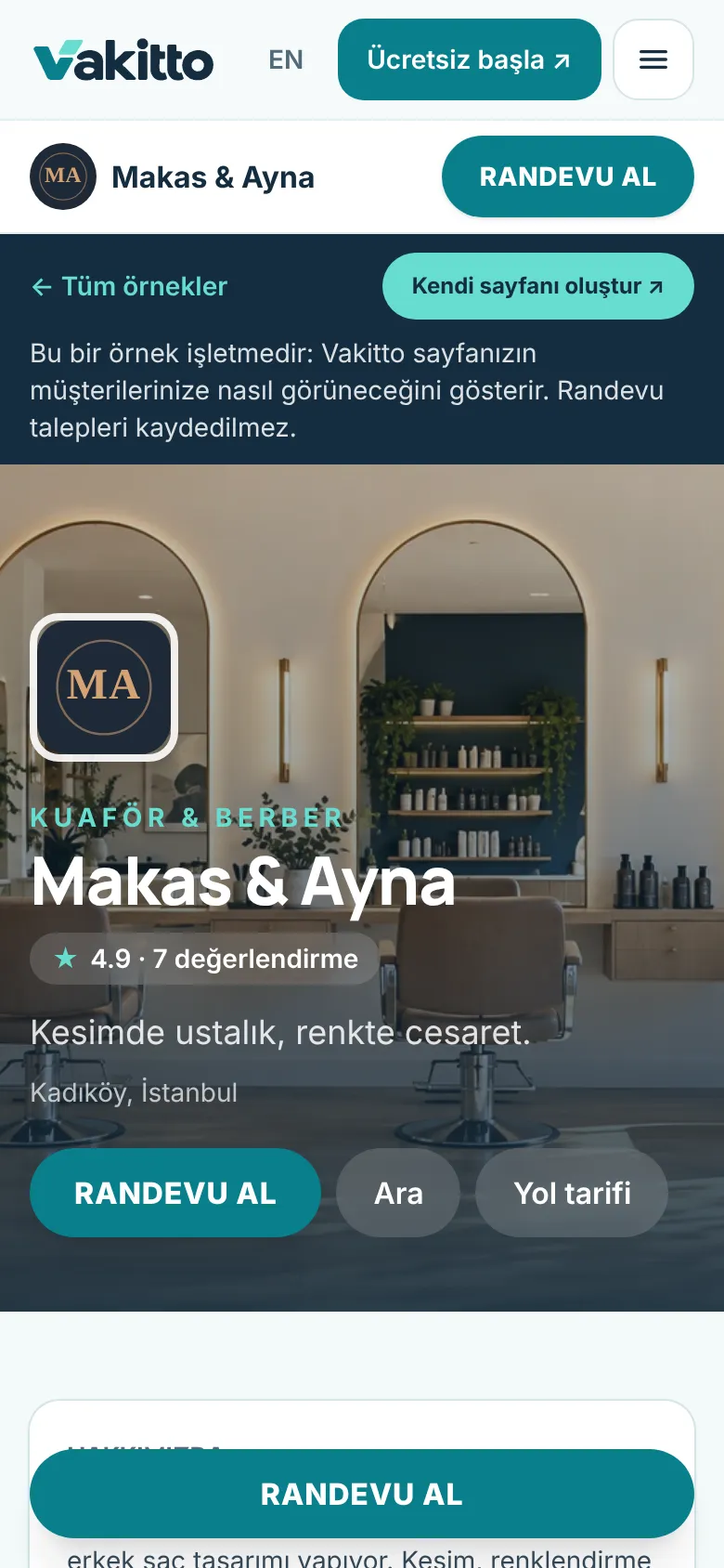 Vakitto işletme sayfası telefonda